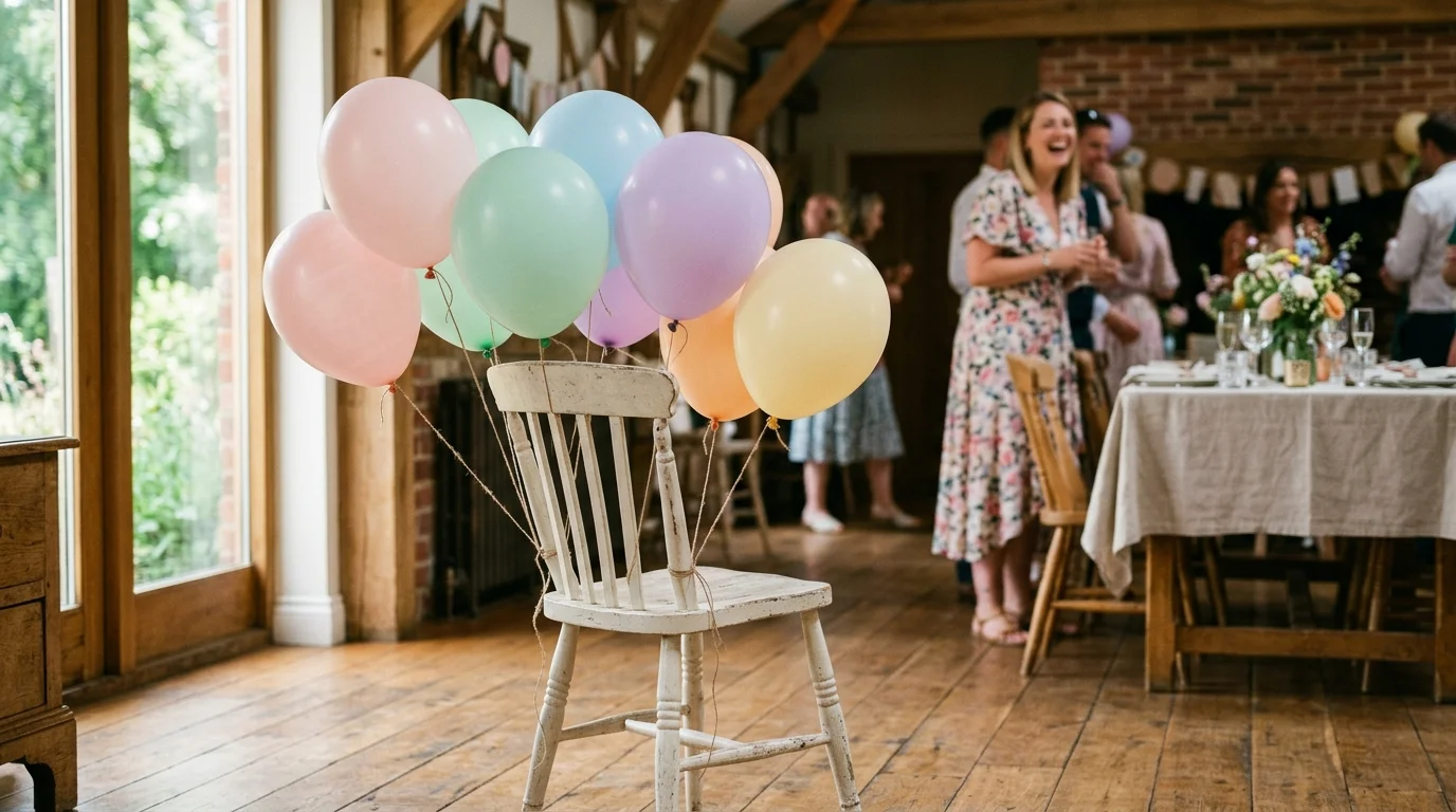 Pastel helium balloons tied to a chair at a party in bright natural light